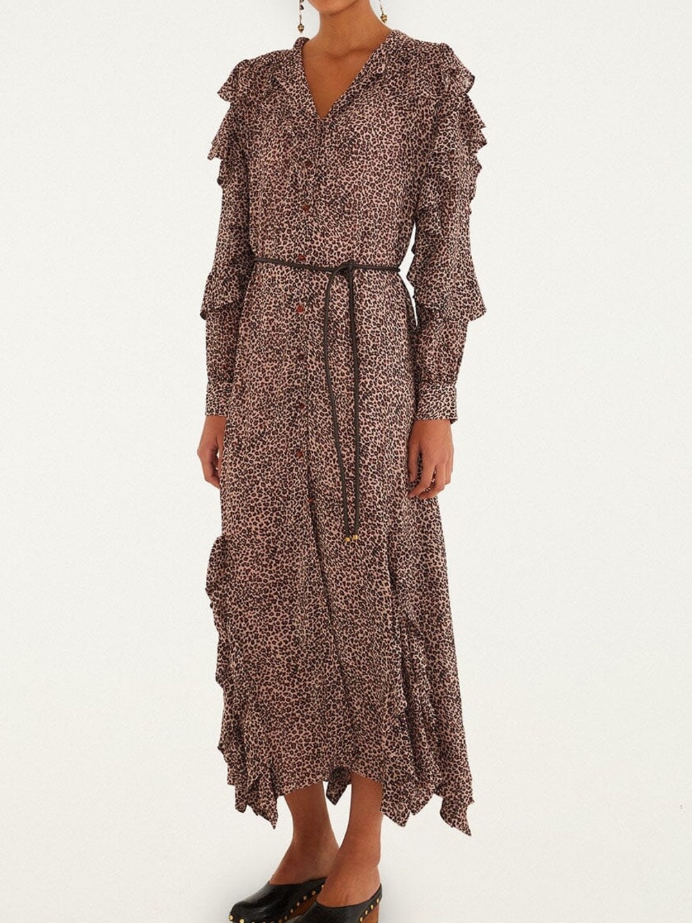 FARM RIO Baby Leopard Pink Long Sleeve Angled Frill Maxi Dress